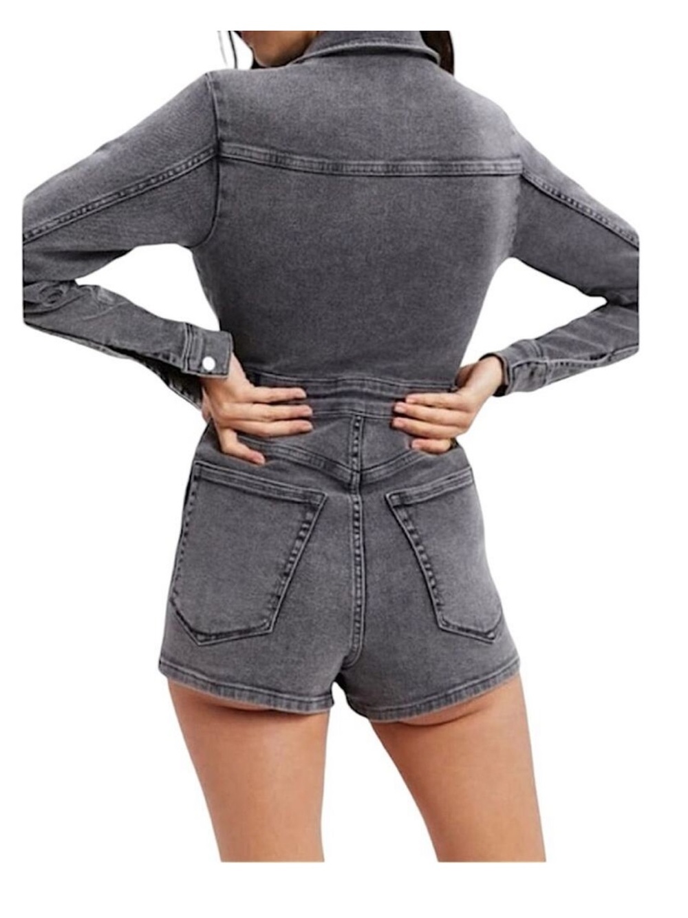 Good American Grey-Black Denim Long Sleeve Romper - Picture 4 of 10
